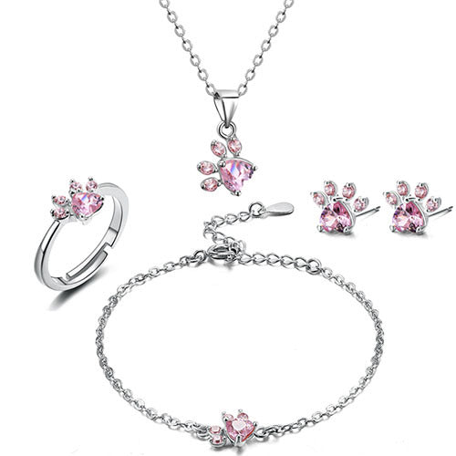 Rose Gold Paw Jewelry Set â€“ 4 Pieces with Zirconia Heart (Ring, Necklace, Earrings, Bracelet)