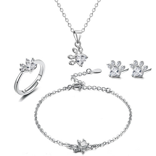 Rose Gold Paw Jewelry Set â€“ 4 Pieces with Zirconia Heart (Ring, Necklace, Earrings, Bracelet)