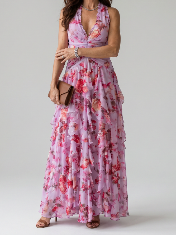Nori | Halter Neck Ruched Bodice Floral Maxi Dress