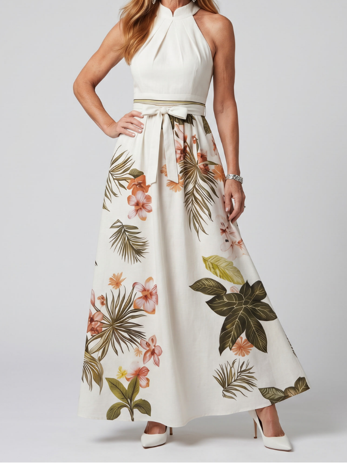 Meadow | Draped Halter Botanical Panel Maxi Dress