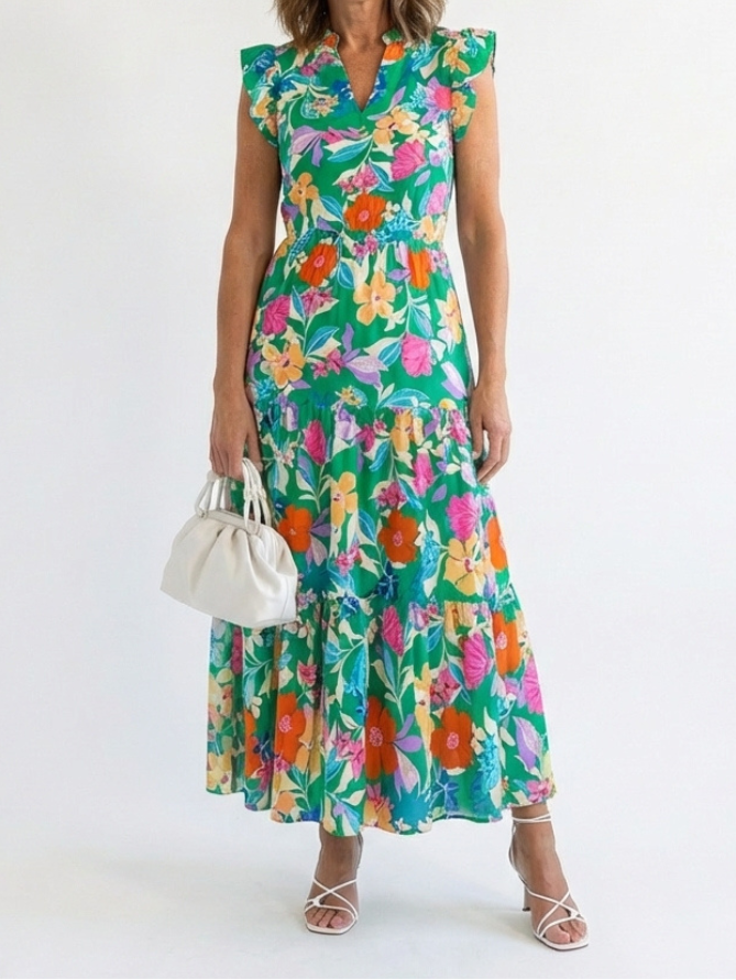 Lila | Floral V-Neck Tiered Midi Dress
