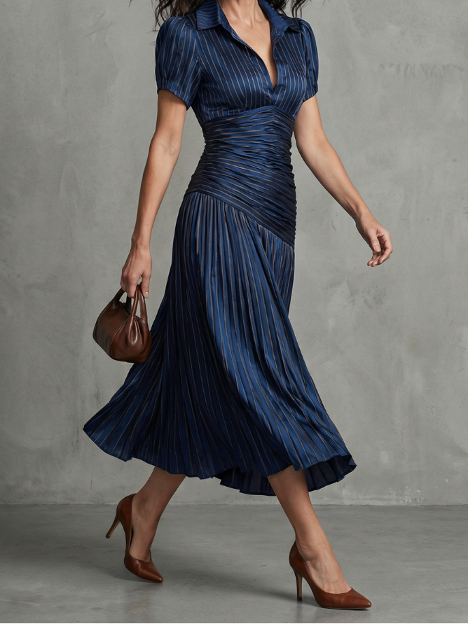 Theodora | Pleated Waistline Stripe Midi Dress