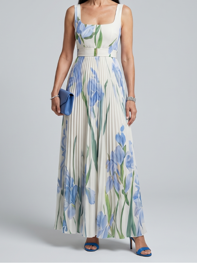 Ophelia | Sleeveless Square Neck Floral Print Midi Dress