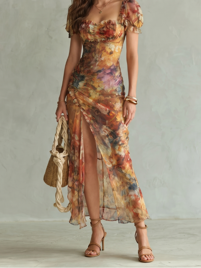 Ciel | Ruffled Sleeve Ruched Slit Midi Dress