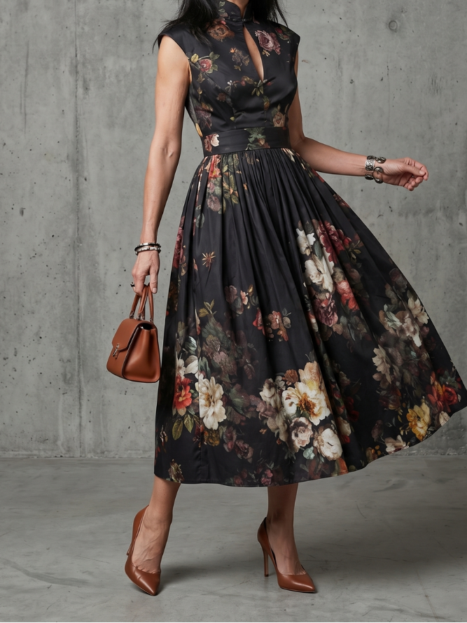 Greta | High Neck Keyhole Floral Pleated Midi Dress