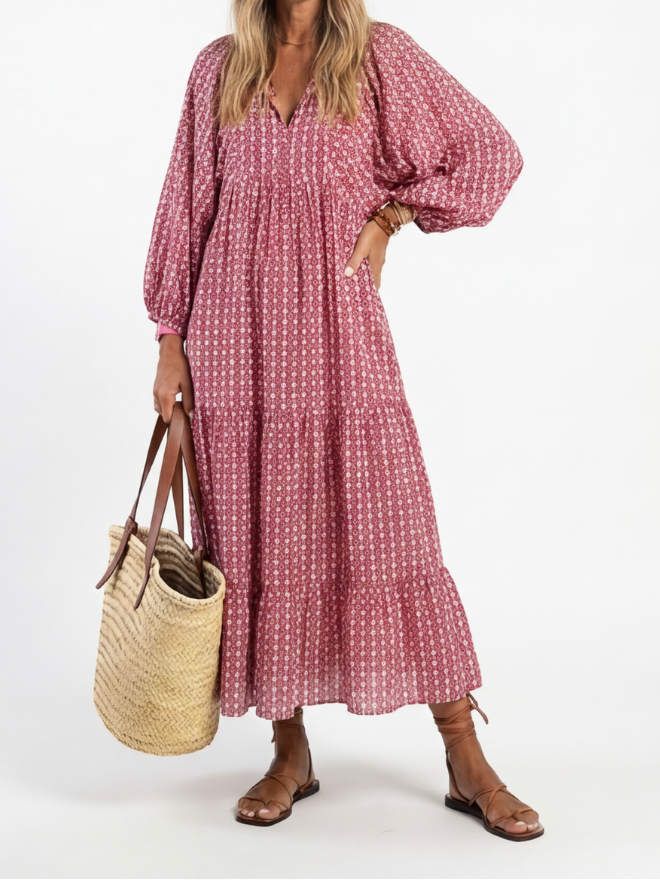 Arlette | Geometric Print Long Sleeve Midi Dress