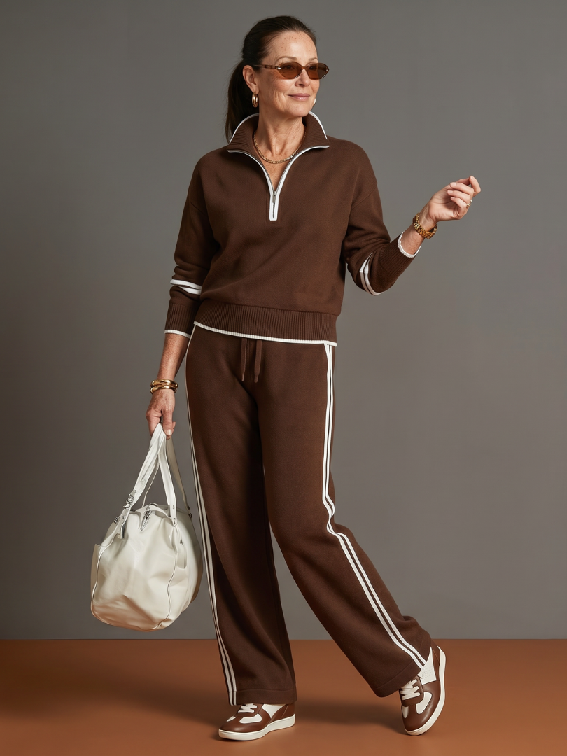 Rain | Zip Neck Long Sleeve Side Stripe Leg Pants Set