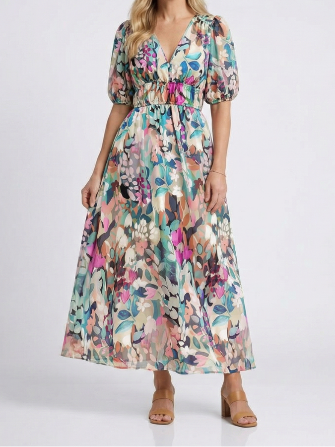 Eulalie | V Neck Short Sleeve Gathered Waist Midi Dress