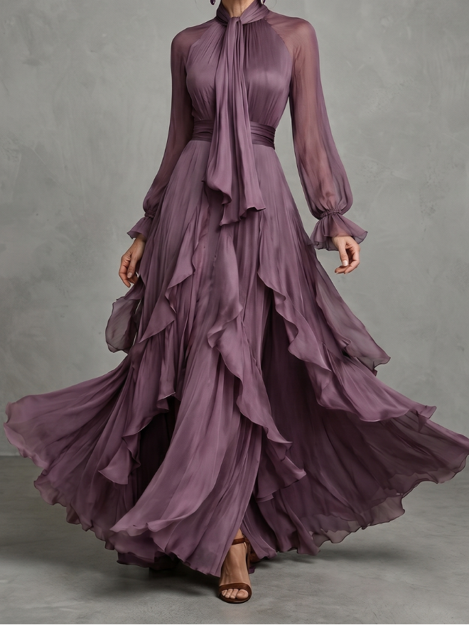 Demetria | Tie Neck Ruffle Tiered Maxi Dress