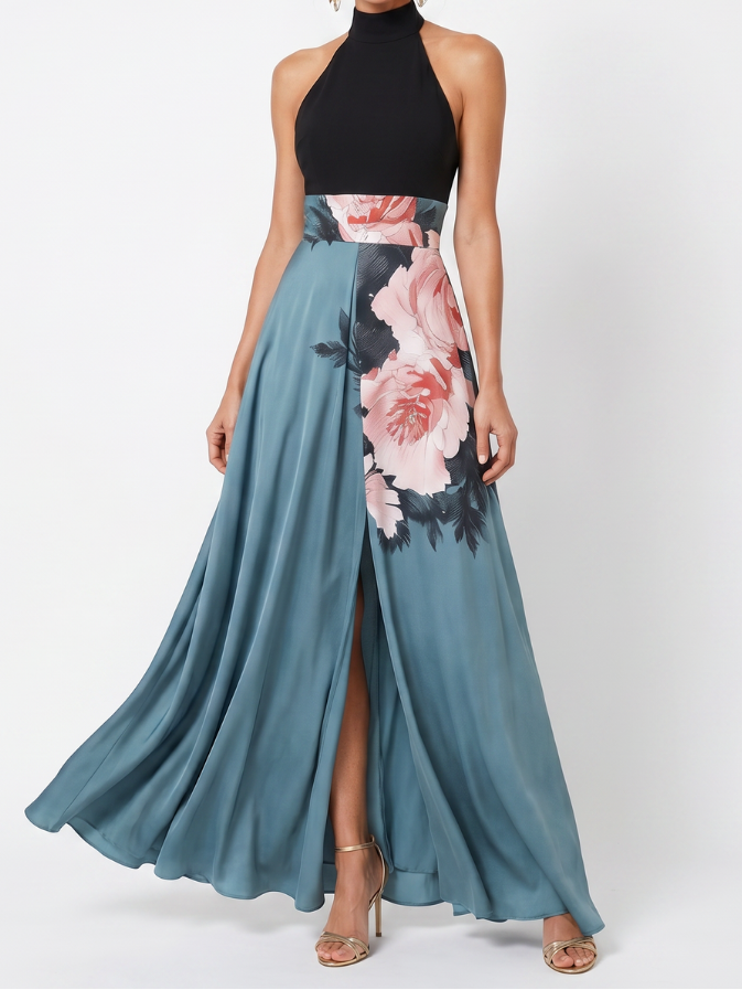 Olympas | Halter Bodice Floral Skirt Maxi Dress