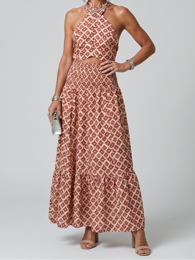 Amira | Cross Halter Geometric Print Cutout Midi Dress