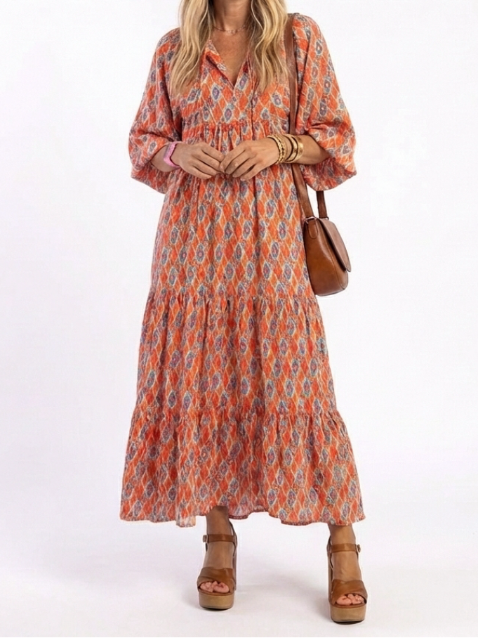 Amara | Geometric Print V Neck Tiered Midi Dress