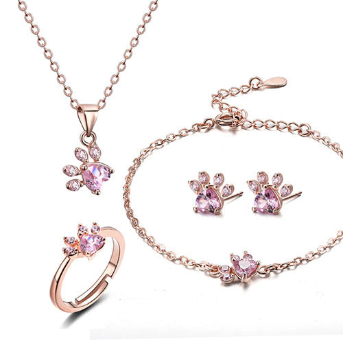 Rose Gold Paw Jewelry Set â€“ 4 Pieces with Zirconia Heart (Ring, Necklace, Earrings, Bracelet)