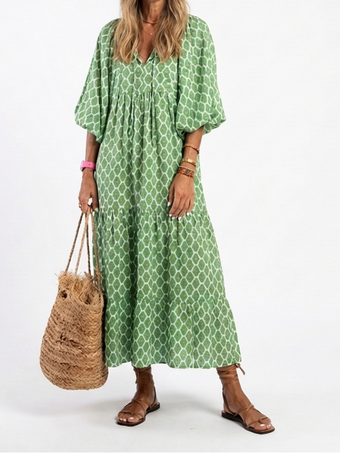 Apolline | Three Quarter Sleeve V Neck Patterned Midi Dress