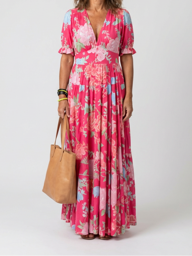 Ione | Short Sleeve V Neck Floral Midi Dress