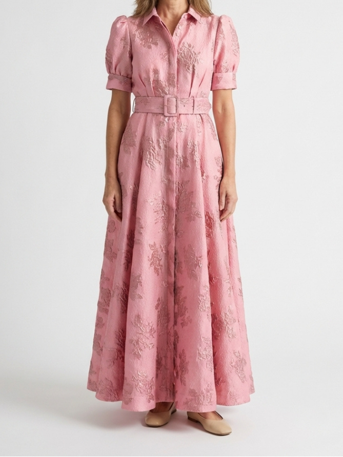 Xanthea | Short Sleeve Belted Floral Textured Maxi Shirt Dress