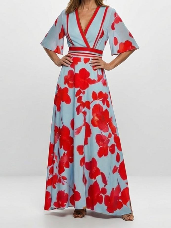 Corinne | V Neck Short Sleeve Floral Maxi Dress