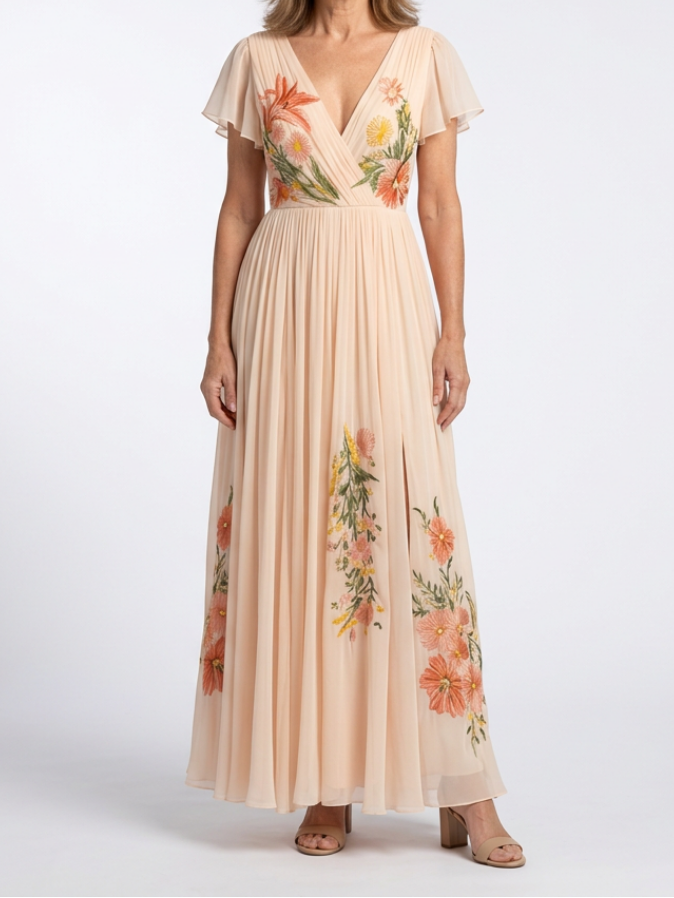 Calista | V Neck Short Sleeve Pleated Floral Maxi Dress