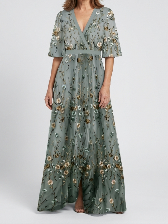 Evadne | Floral V Neck Short Sleeve Maxi Dress