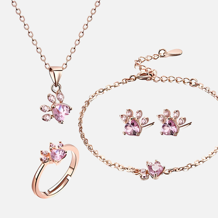 Rose Gold Paw Jewelry Set â€“ 4 Pieces with Zirconia Heart (Ring, Necklace, Earrings, Bracelet)