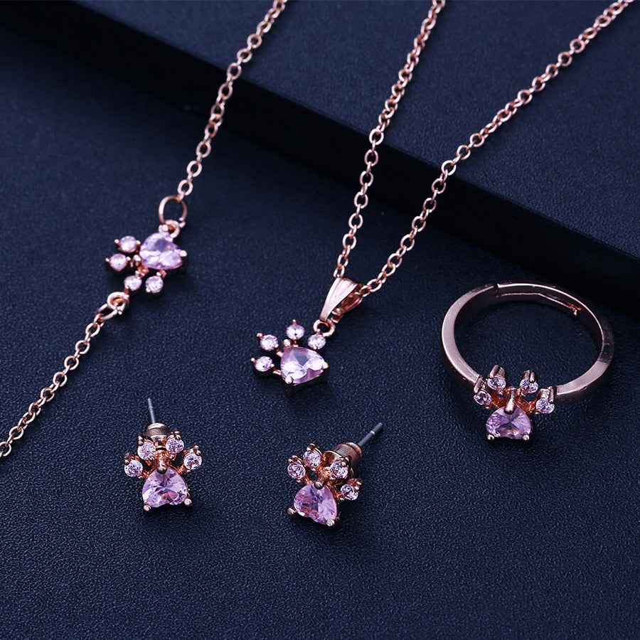 Rose Gold Paw Jewelry Set â€“ 4 Pieces with Zirconia Heart (Ring, Necklace, Earrings, Bracelet)